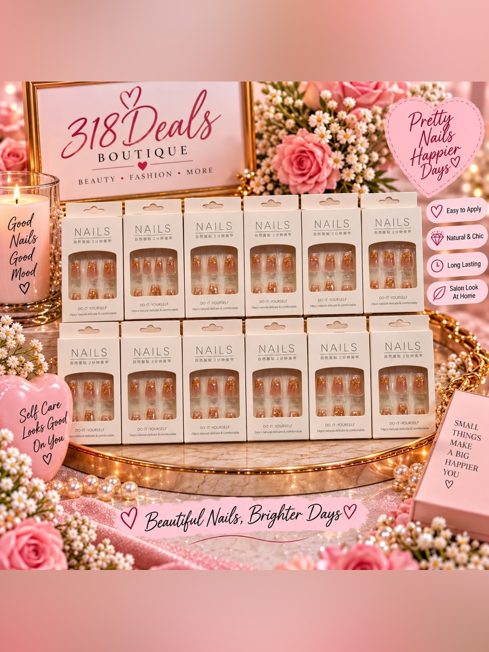 Chic Pink and Gold Ombre Press-On Nails - Elegant Salon Look Set of 12